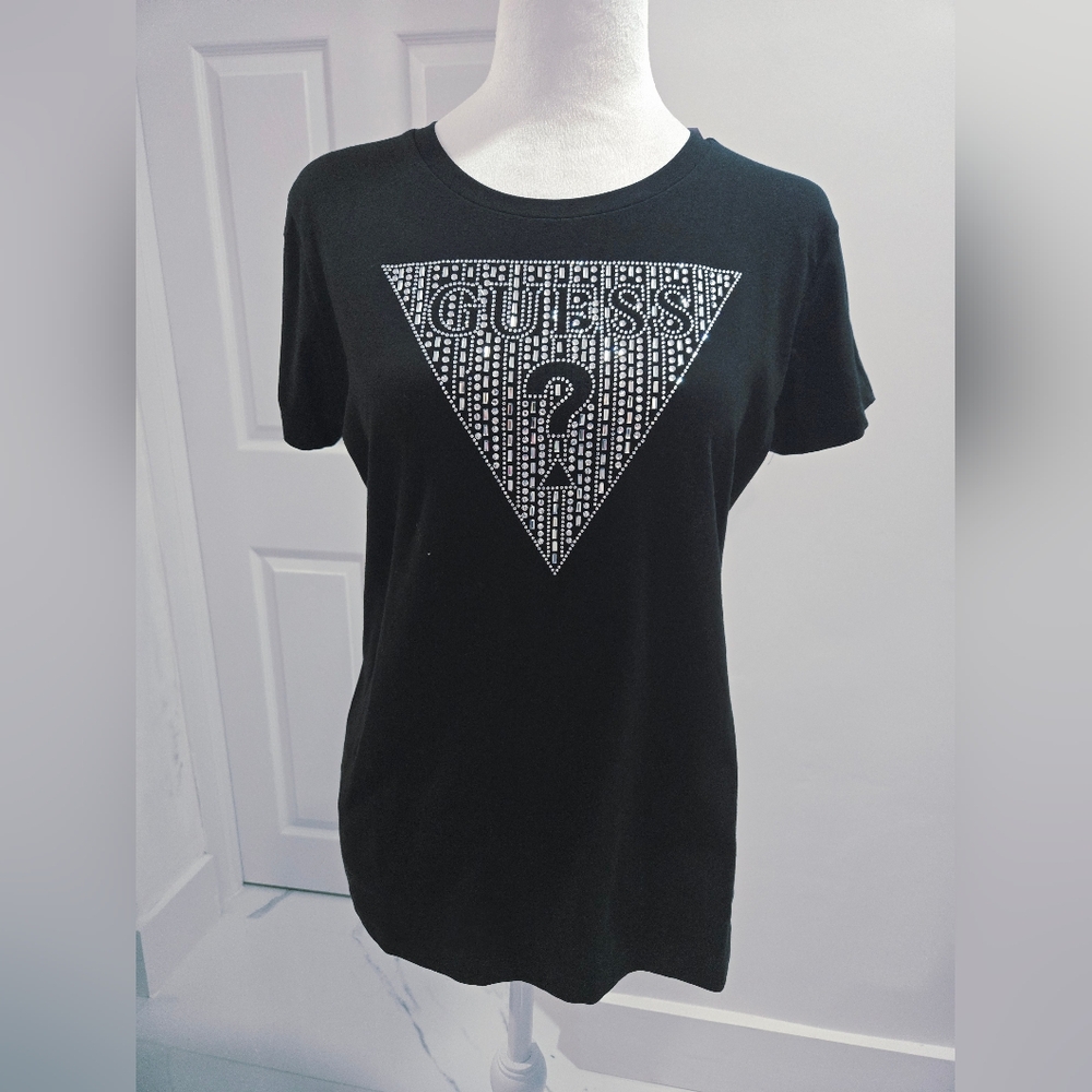 GUESS T-Shirt Women's Black Rhinestone Bling Triangle Logo Large NEW - Picture 1 of 13